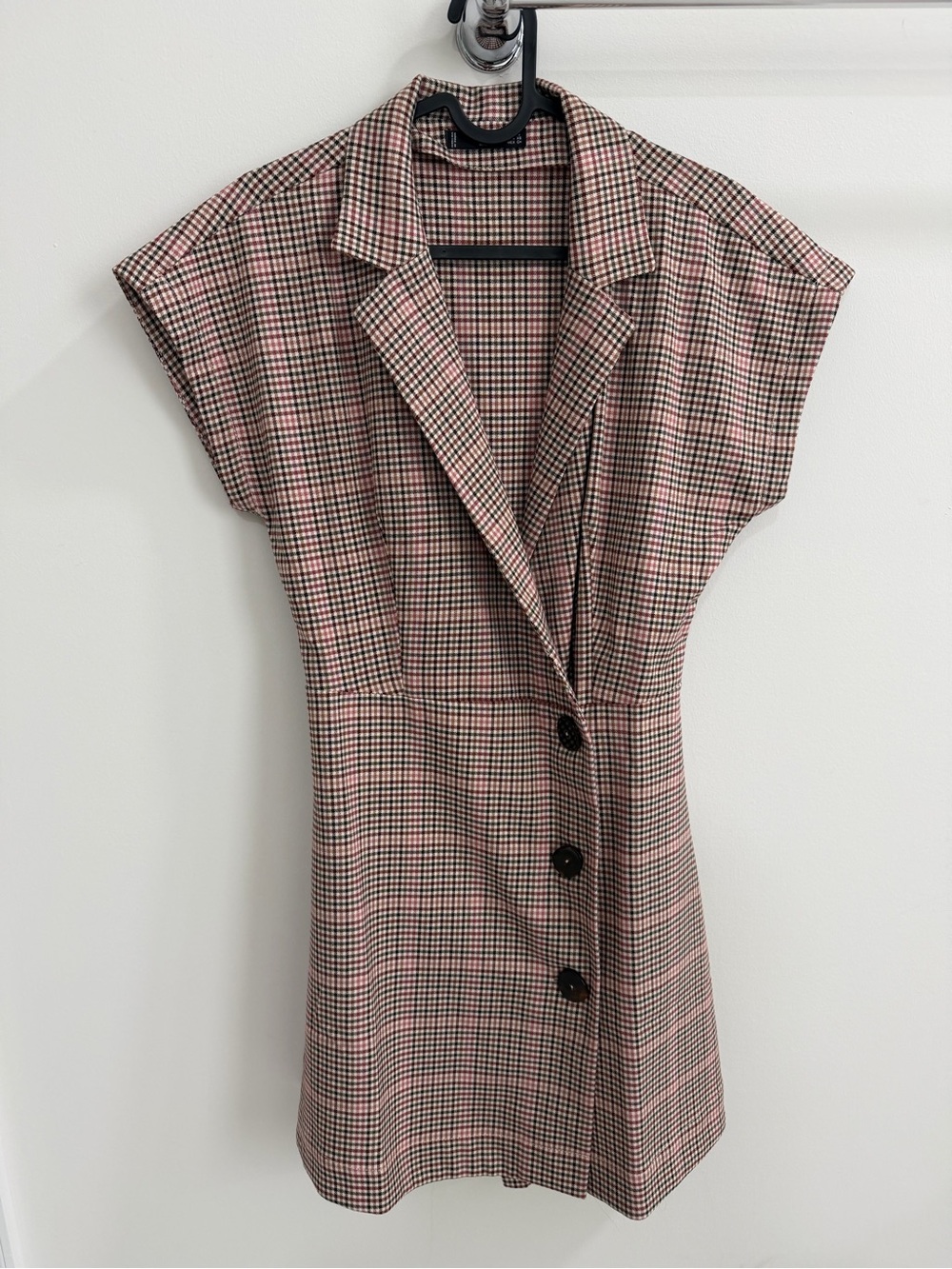 Mango Checked Cap-Sleeve Shift Dress in Pink and Black